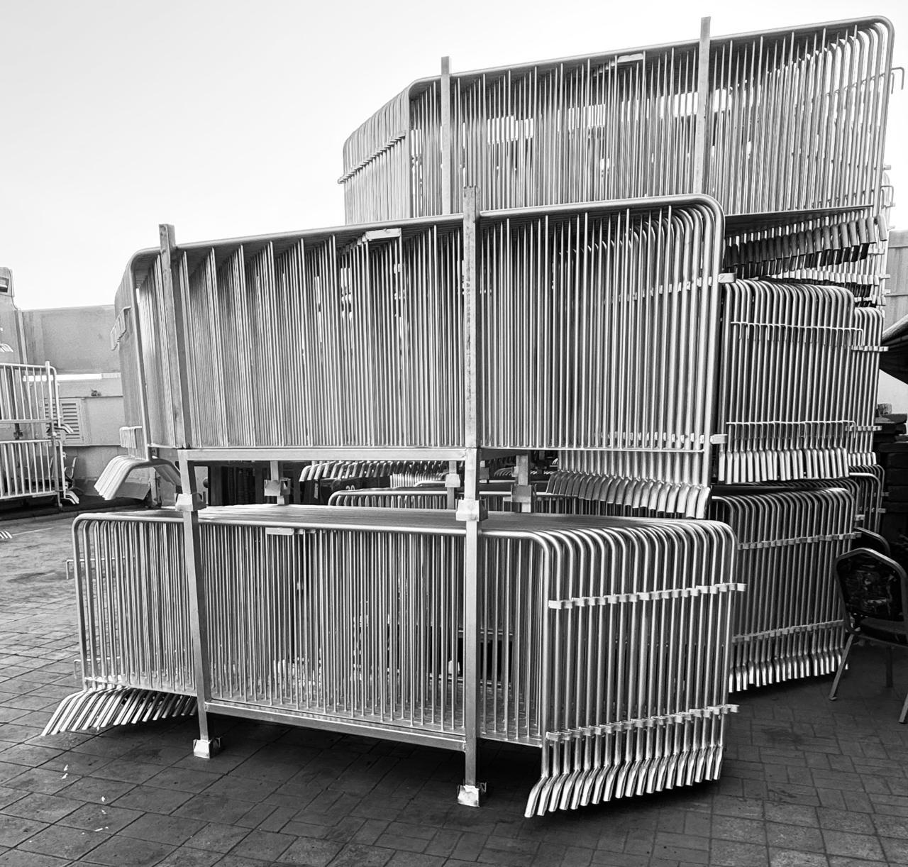 Galvanized police barriers for crowd control and pedestrian management